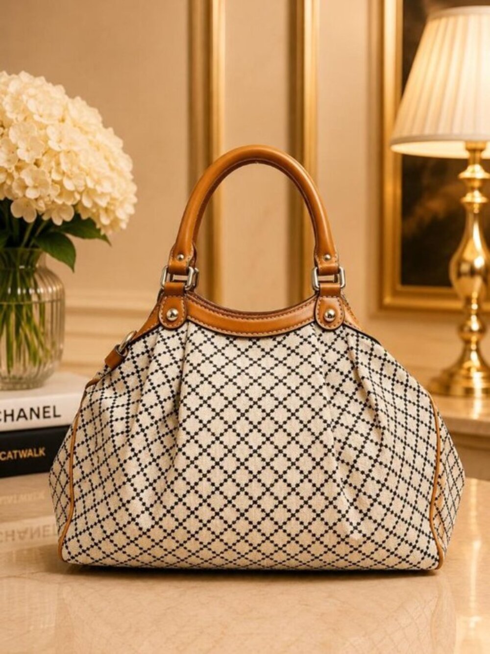 Authentic Gucci Diamante Canvas Shoulder Handbag Leather Large
